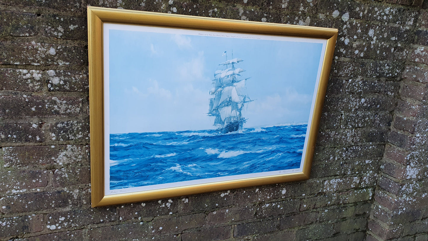 Large Vintage Print of Ship Up Channel, The Lahloo Print by Montague Dawson c1973.