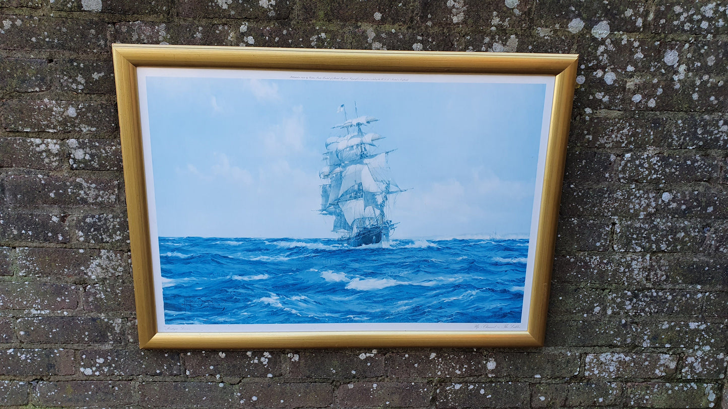 Large Vintage Print of Ship Up Channel, The Lahloo Print by Montague Dawson c1973.