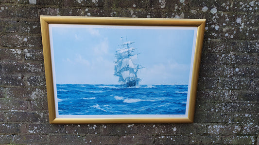Large Vintage Print of Ship Up Channel, The Lahloo Print by Montague Dawson c1973.