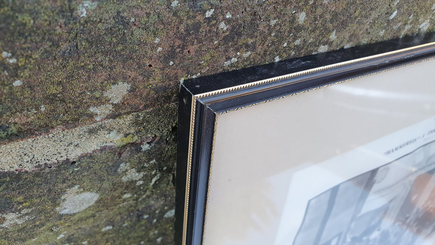 Set of 6 Very Large Stock Exchange Cartoon Prints in Glazed Black and Gold Frames Thick Card Mounts Black and White Pen and Ink.