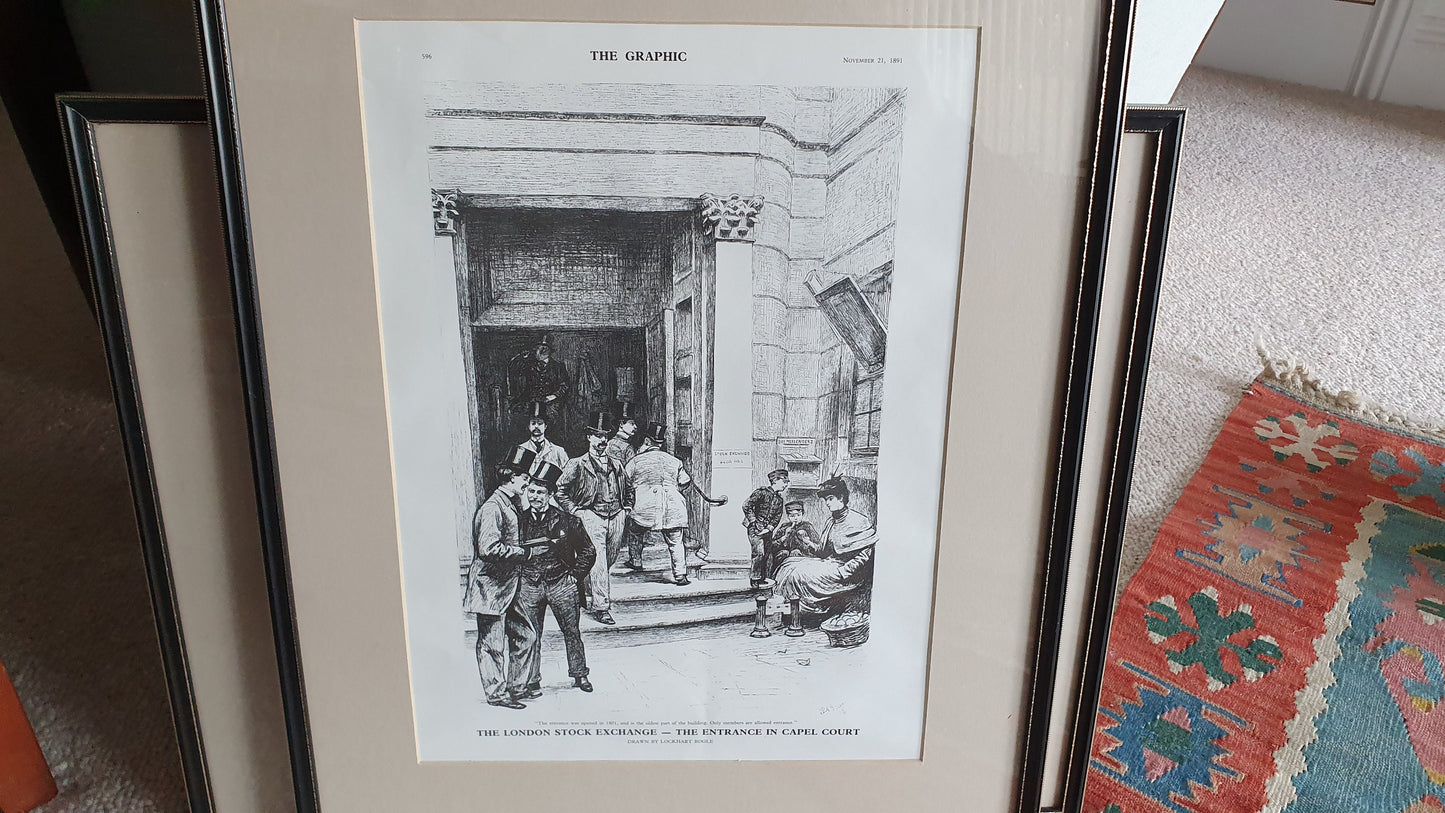 Set of 6 Very Large Stock Exchange Cartoon Prints in Glazed Black and Gold Frames Thick Card Mounts Black and White Pen and Ink.