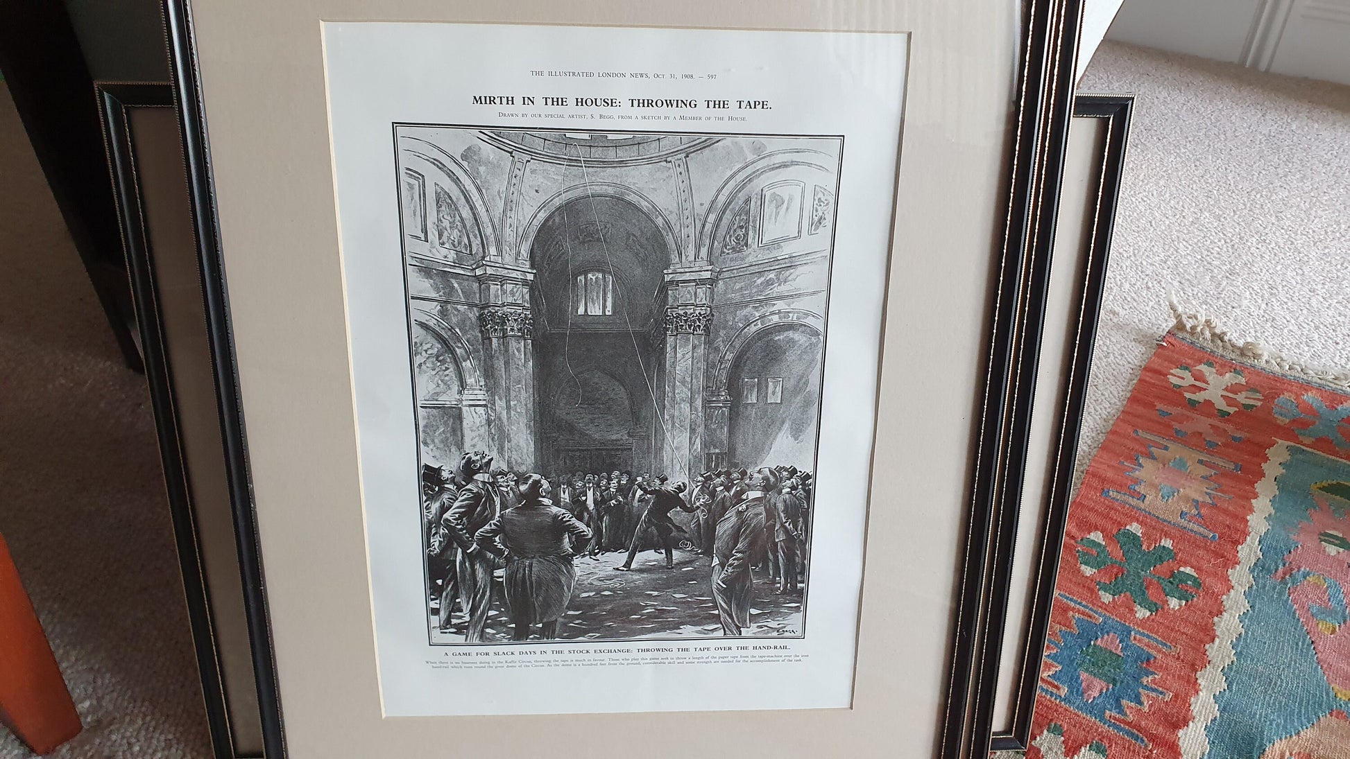 Set of 6 Very Large Stock Exchange Cartoon Prints in Glazed Black and Gold Frames Thick Card Mounts Black and White Pen and Ink.