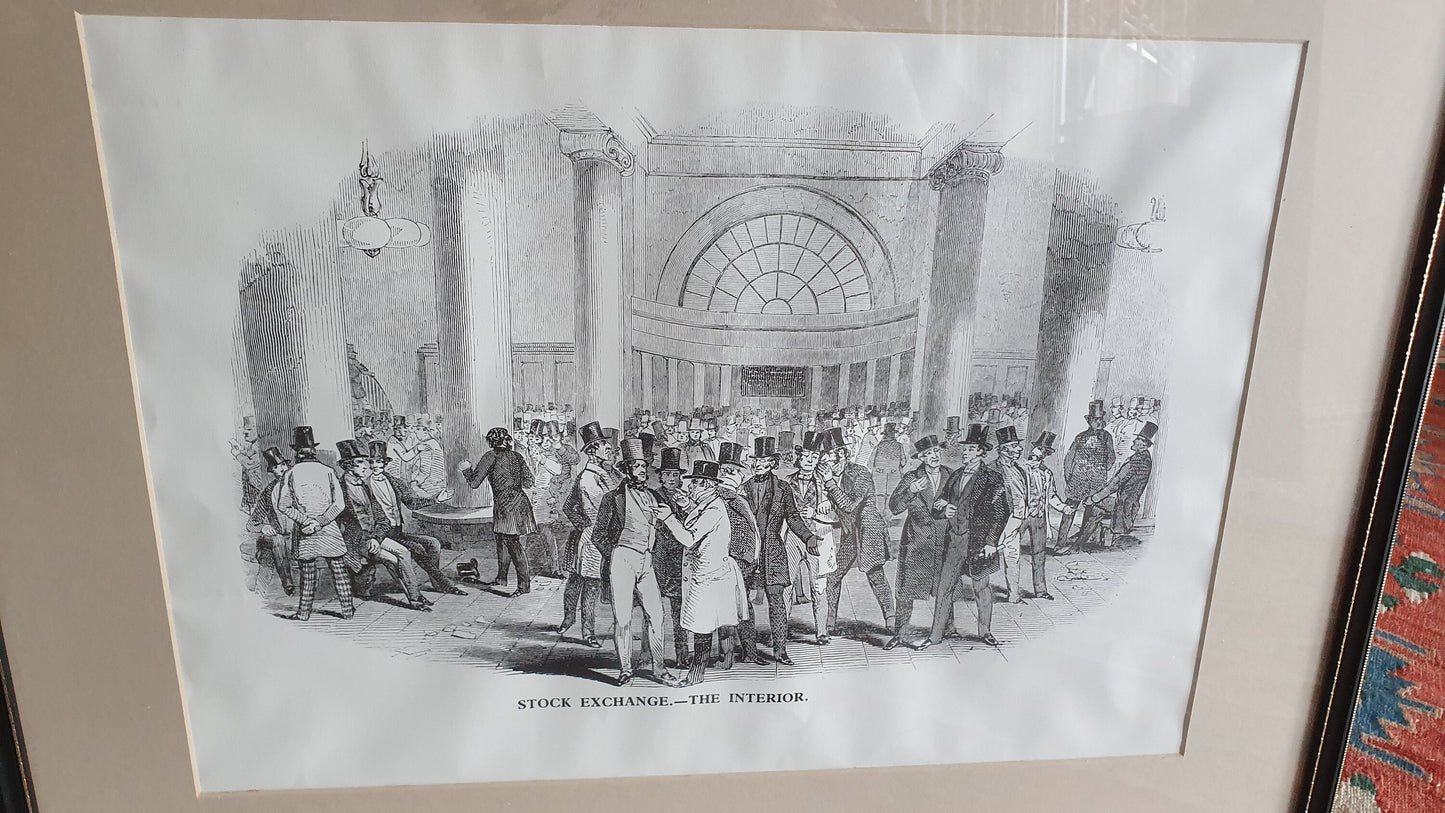Set of 6 Very Large Stock Exchange Cartoon Prints in Glazed Black and Gold Frames Thick Card Mounts Black and White Pen and Ink.