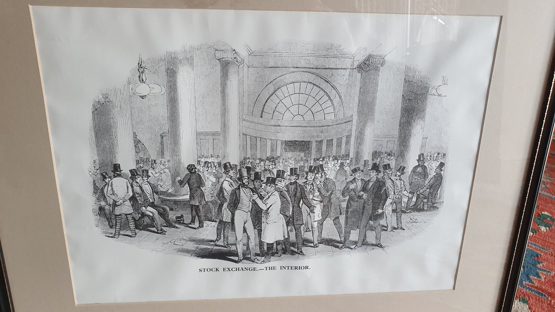 Set of 6 Very Large Stock Exchange Cartoon Prints in Glazed Black and Gold Frames Thick Card Mounts Black and White Pen and Ink.