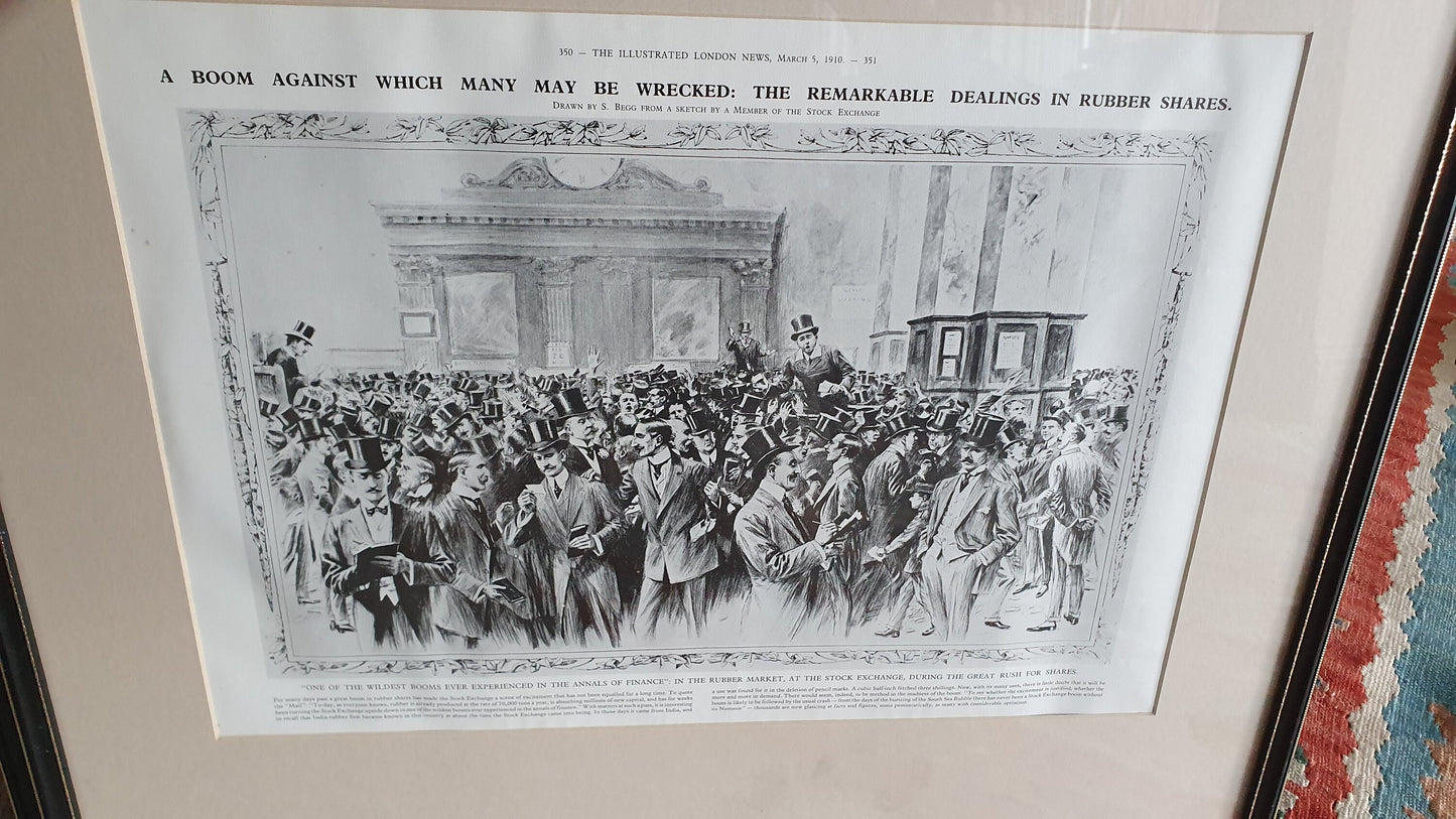 Set of 6 Very Large Stock Exchange Cartoon Prints in Glazed Black and Gold Frames Thick Card Mounts Black and White Pen and Ink.
