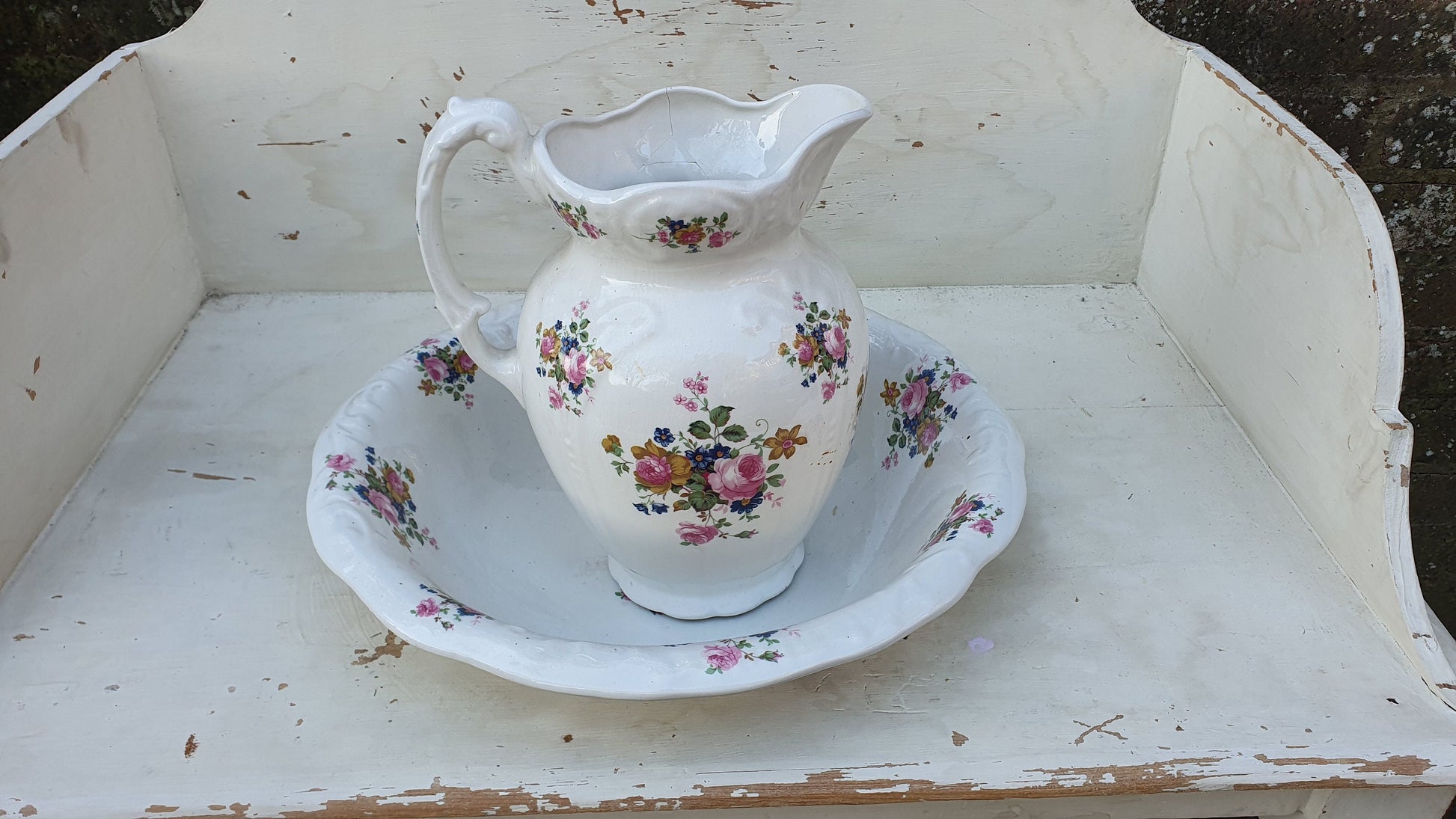 Vintage Victorian Genuine Painted Pine Washstand including Ceramic Jug and Bowl Prop Display