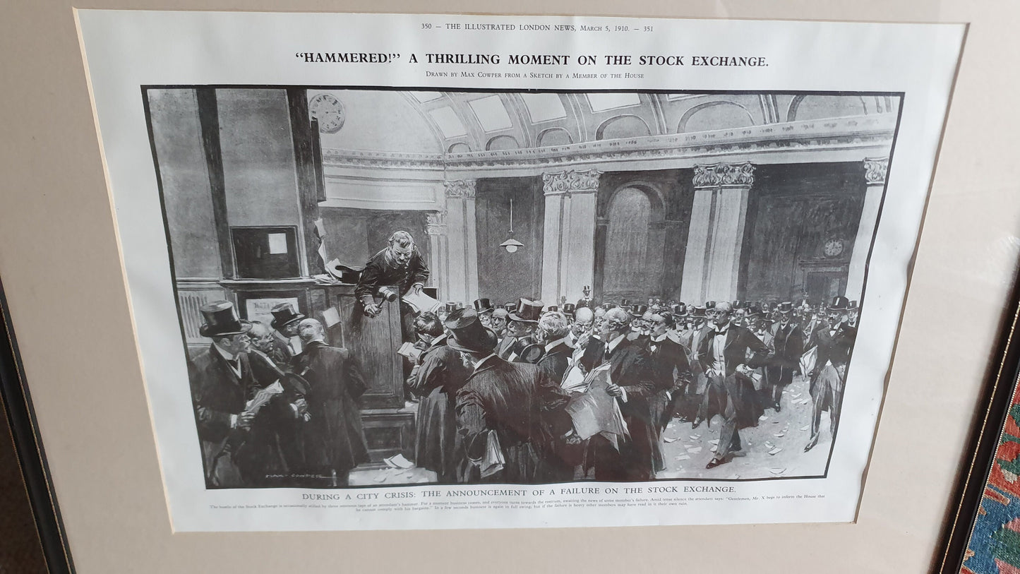 Set of 6 Very Large Stock Exchange Cartoon Prints in Glazed Black and Gold Frames Thick Card Mounts Black and White Pen and Ink.