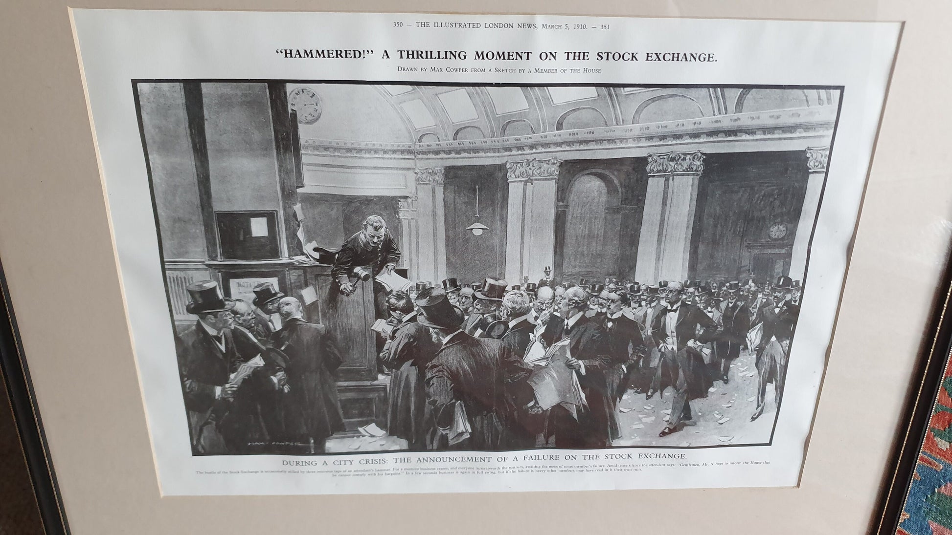 Set of 6 Very Large Stock Exchange Cartoon Prints in Glazed Black and Gold Frames Thick Card Mounts Black and White Pen and Ink.