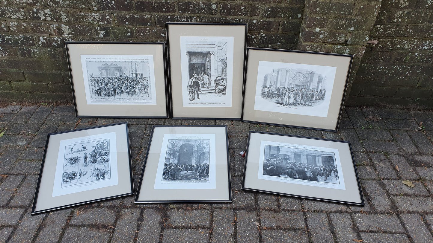 Set of 6 Very Large Stock Exchange Cartoon Prints in Glazed Black and Gold Frames Thick Card Mounts Black and White Pen and Ink.