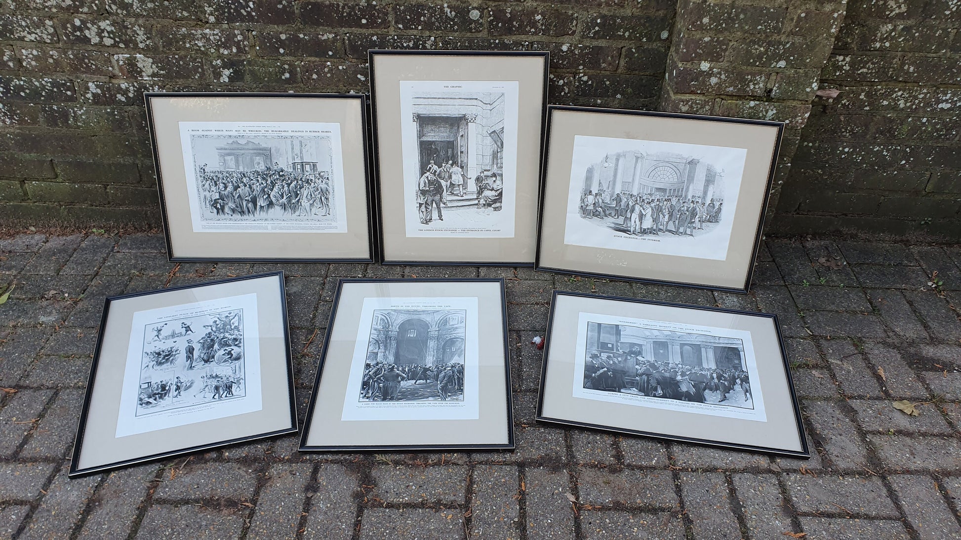 Set of 6 Very Large Stock Exchange Cartoon Prints in Glazed Black and Gold Frames Thick Card Mounts Black and White Pen and Ink.