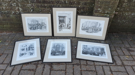 Set of 6 Very Large Stock Exchange Cartoon Prints in Glazed Black and Gold Frames Thick Card Mounts Black and White Pen and Ink.