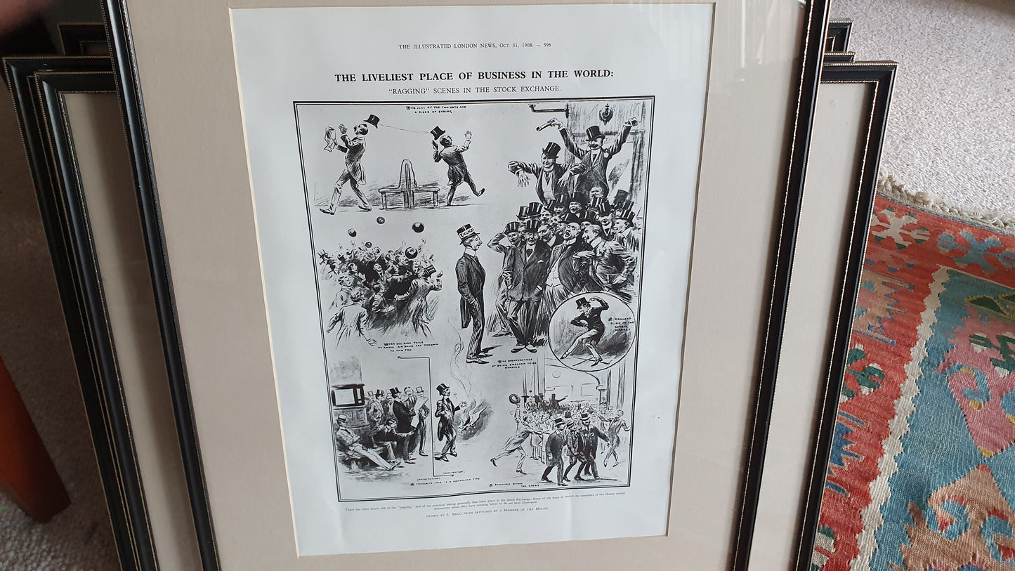 Set of 6 Very Large Stock Exchange Cartoon Prints in Glazed Black and Gold Frames Thick Card Mounts Black and White Pen and Ink.