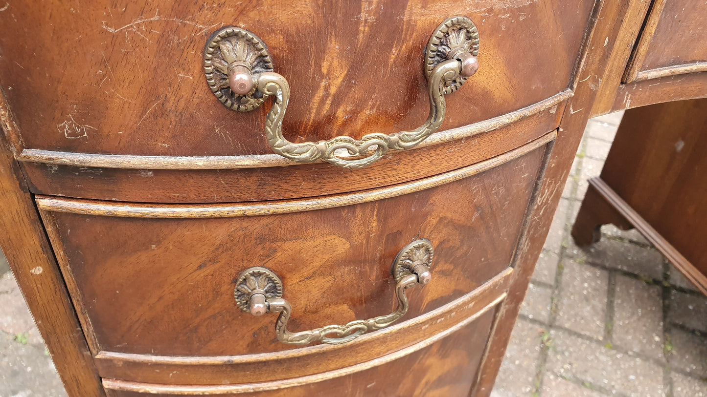 Vintage Serpentine Fronted Kneehole Desk Leather Top Pedestal