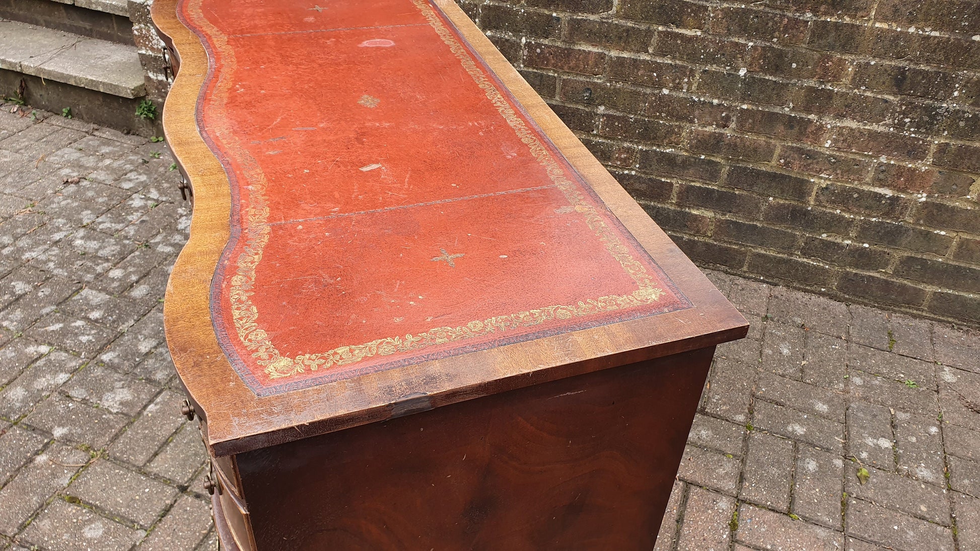 Vintage Serpentine Fronted Kneehole Desk Leather Top Pedestal