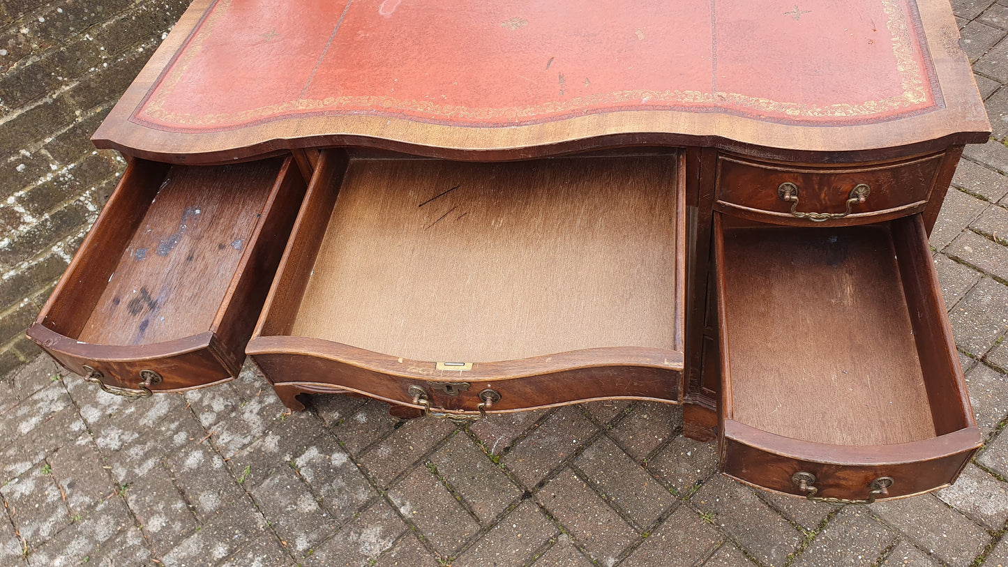 Vintage Serpentine Fronted Kneehole Desk Leather Top Pedestal