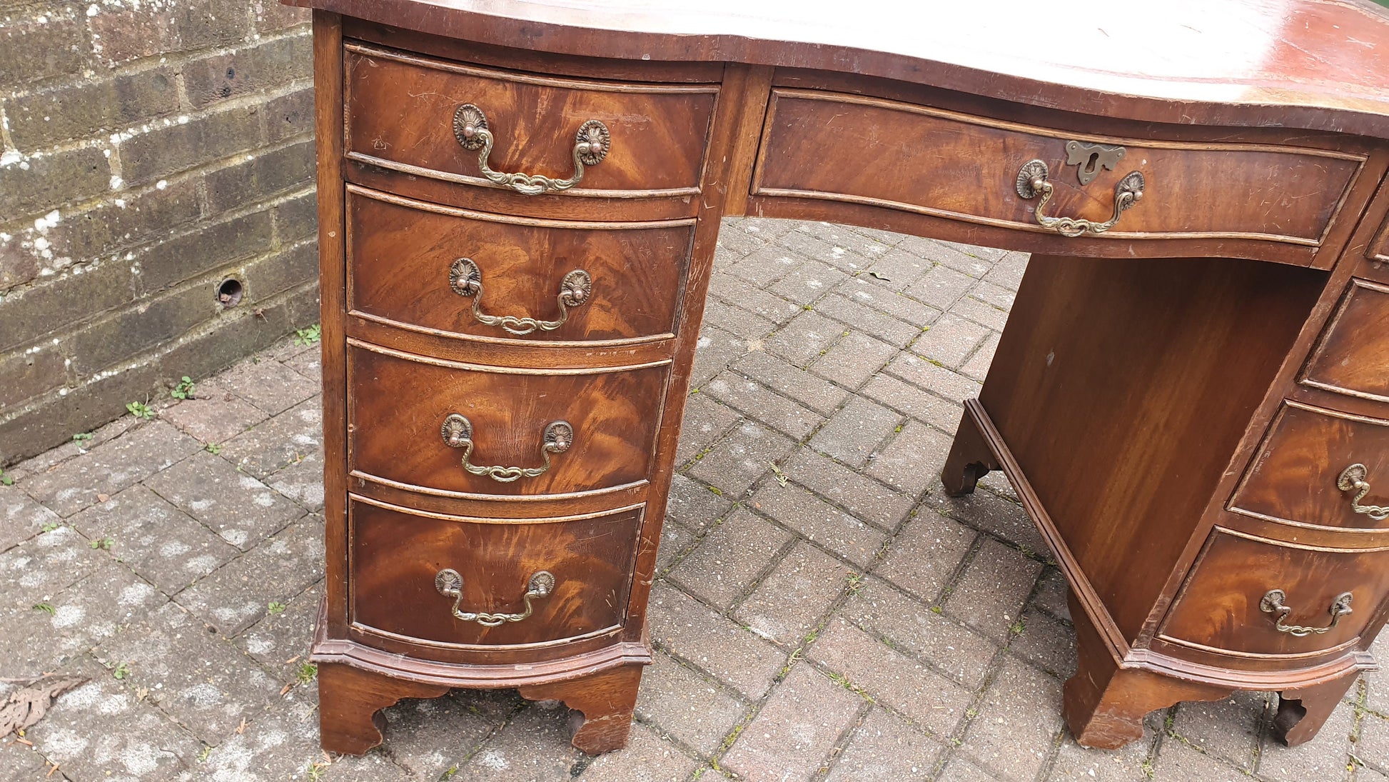 Vintage Serpentine Fronted Kneehole Desk Leather Top Pedestal
