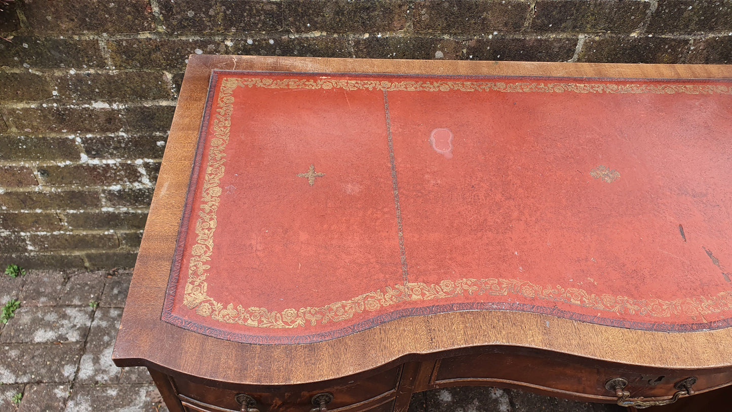 Vintage Serpentine Fronted Kneehole Desk Leather Top Pedestal