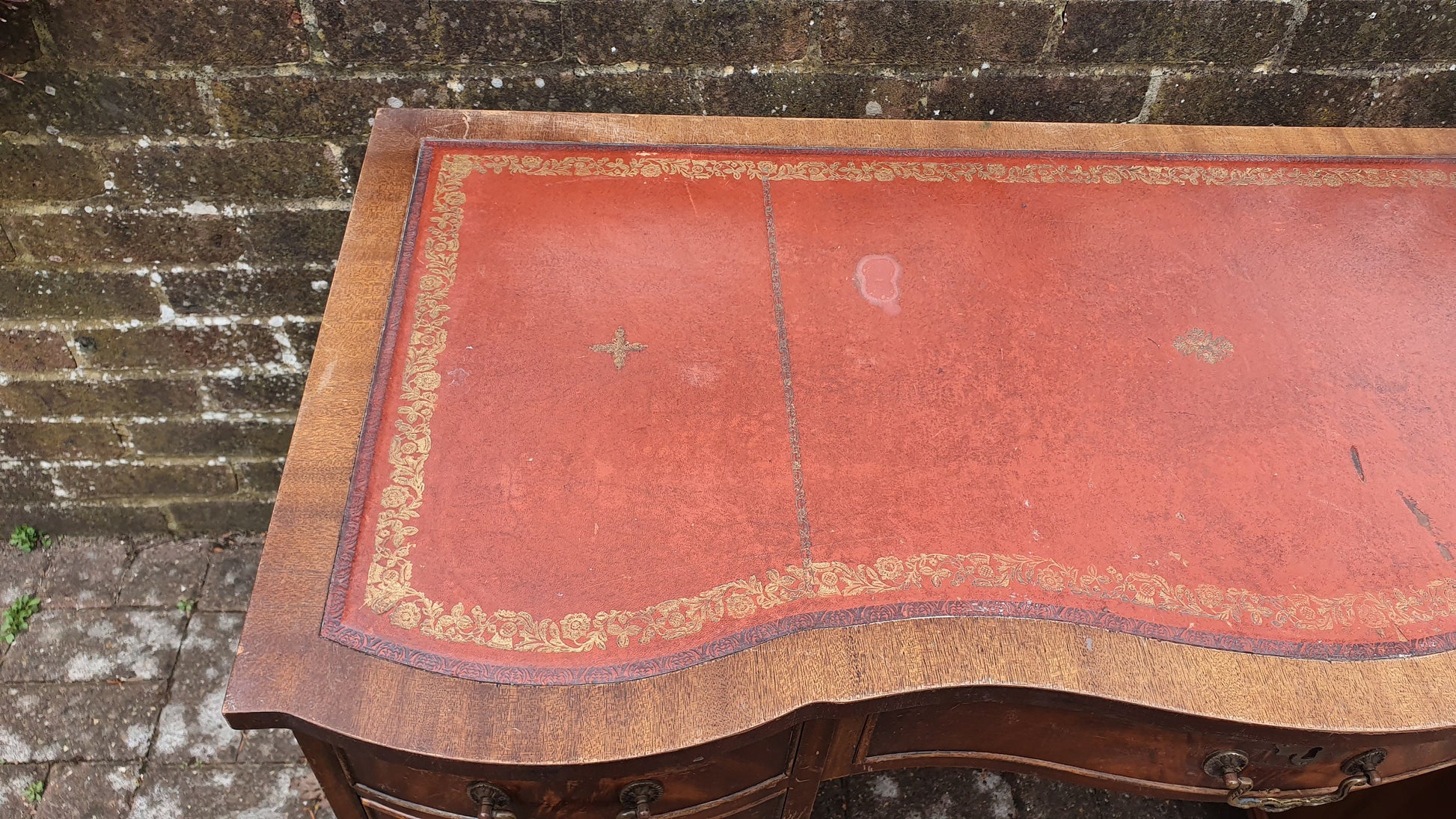 Vintage Serpentine Fronted Kneehole Desk Leather Top Pedestal