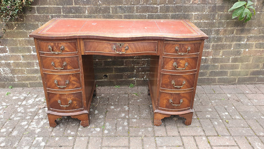 Vintage Serpentine Fronted Kneehole Desk Leather Top Pedestal