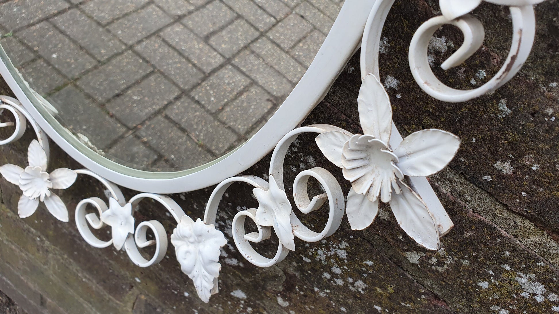 Vintage 60s Metal Wall Mirror Painted Flower and Leaf Decoration