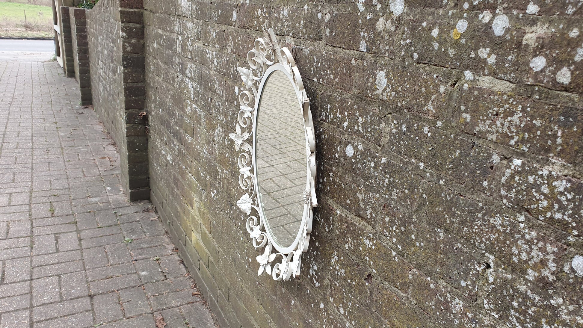 Vintage 60s Metal Wall Mirror Painted Flower and Leaf Decoration