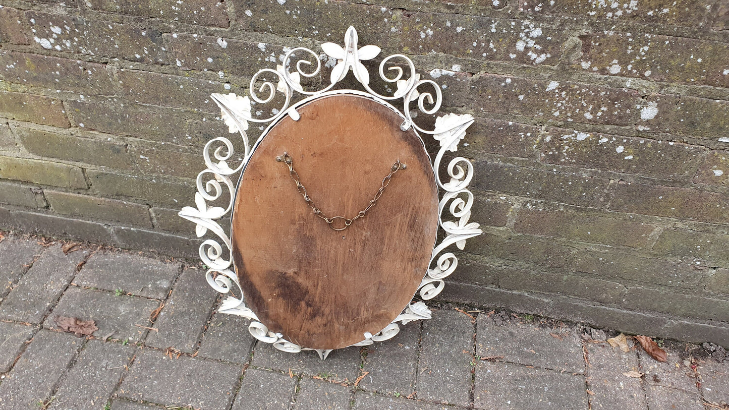 Vintage 60s Metal Wall Mirror Painted Flower and Leaf Decoration