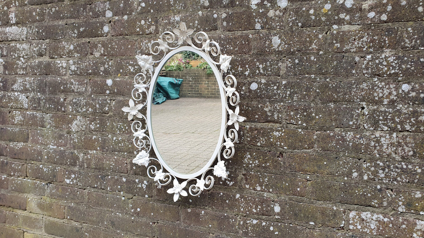 Vintage 60s Metal Wall Mirror Painted Flower and Leaf Decoration