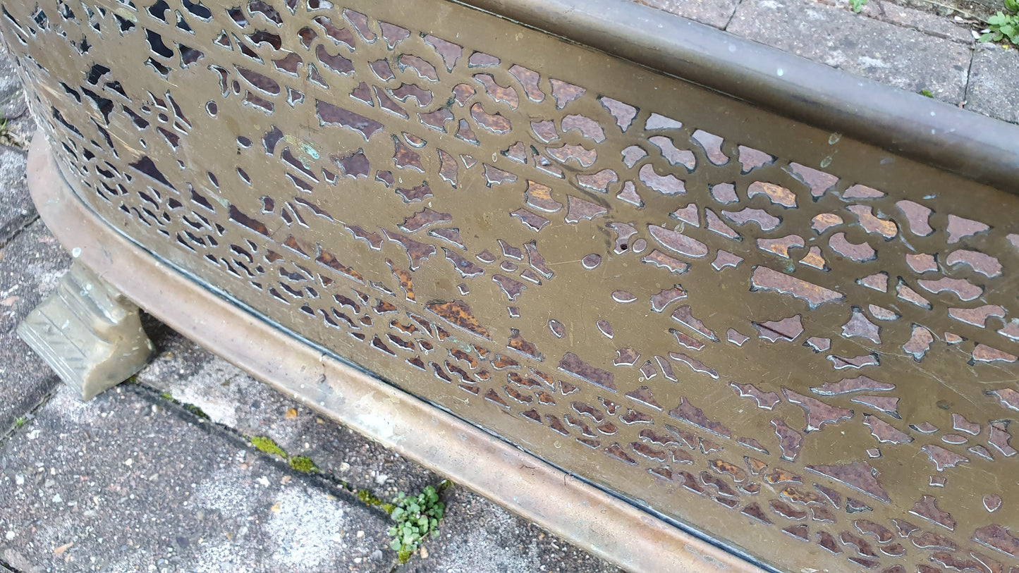 Large Imposing Pierced Brass Victorian Fender Fire Guard Vintage Fireplace