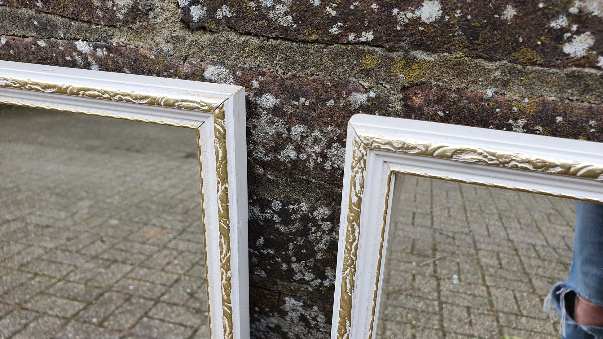 Pair of Large and Long 1970’s Vintage White and Gold Wall Mirrors Mirror 93 x 34 cm
