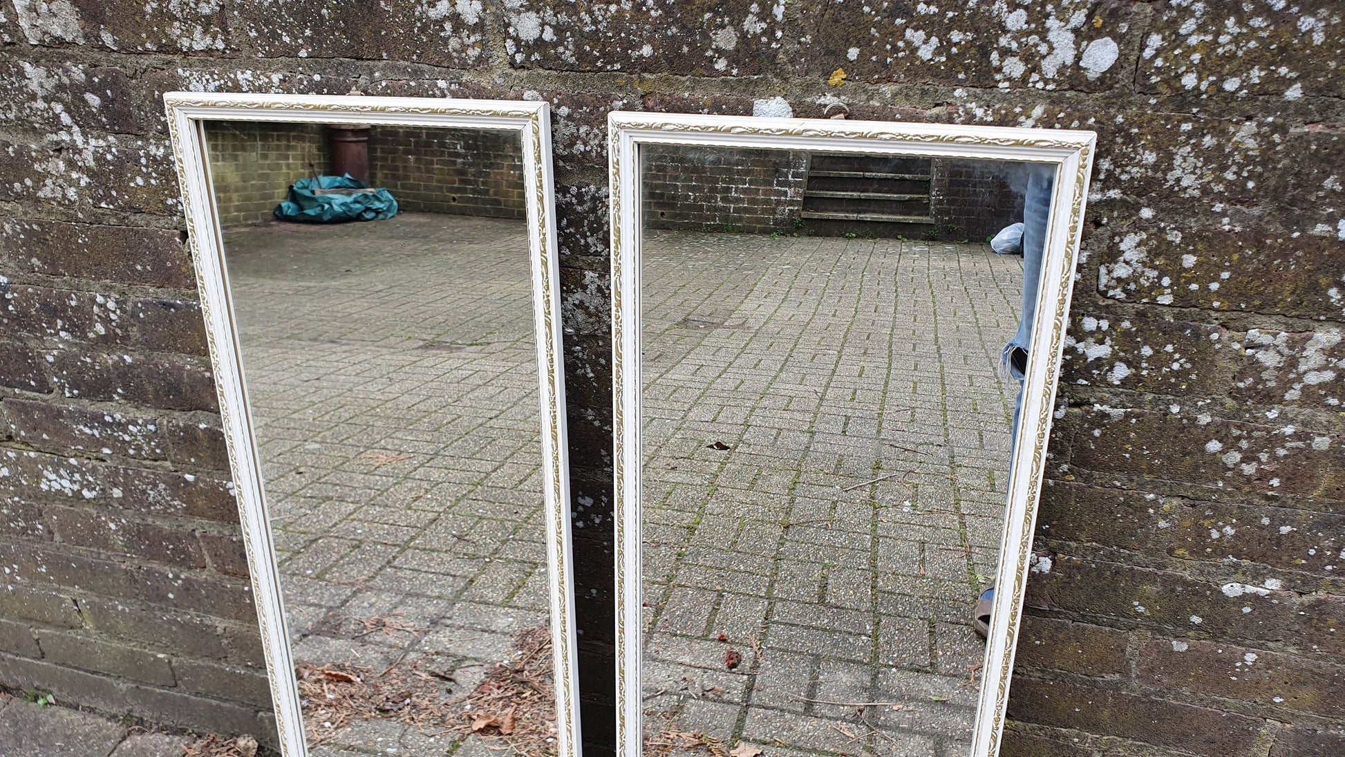 Pair of Large and Long 1970’s Vintage White and Gold Wall Mirrors Mirror 93 x 34 cm