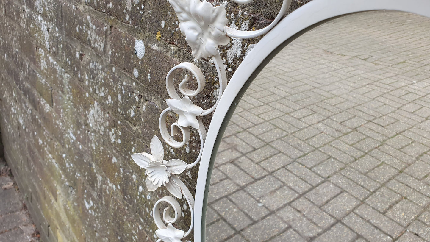 Vintage 60s Metal Wall Mirror Painted Flower and Leaf Decoration