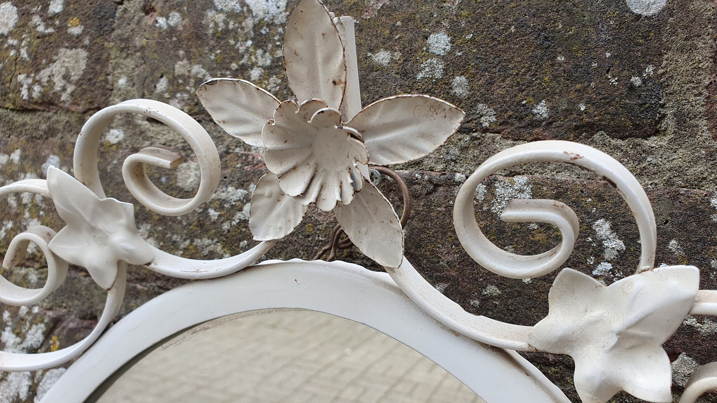 Vintage 60s Metal Wall Mirror Painted Flower and Leaf Decoration