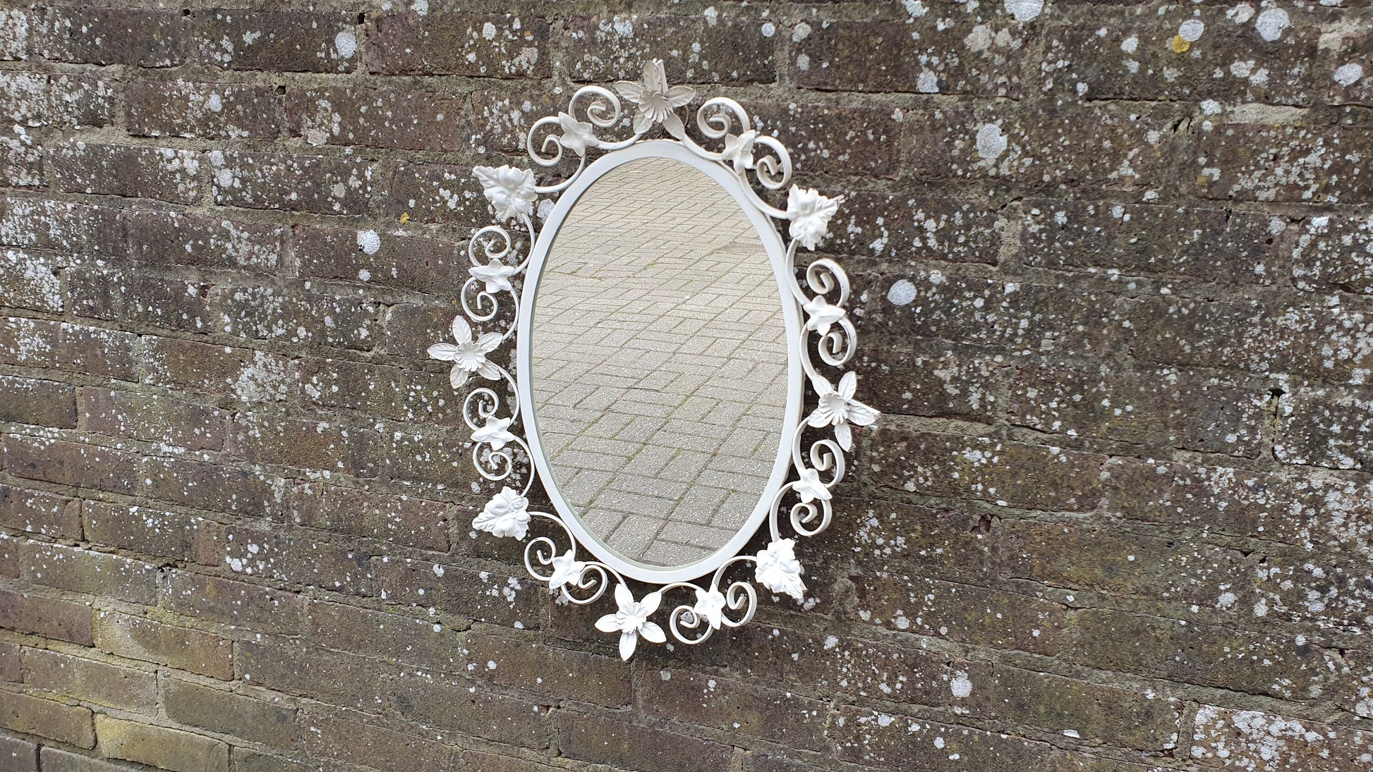 Vintage 60s Metal Wall Mirror Painted Flower and Leaf Decoration