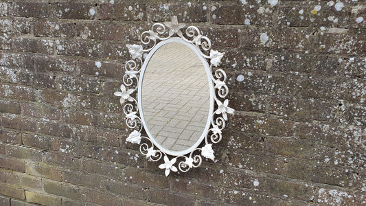 Vintage 60s Metal Wall Mirror Painted Flower and Leaf Decoration