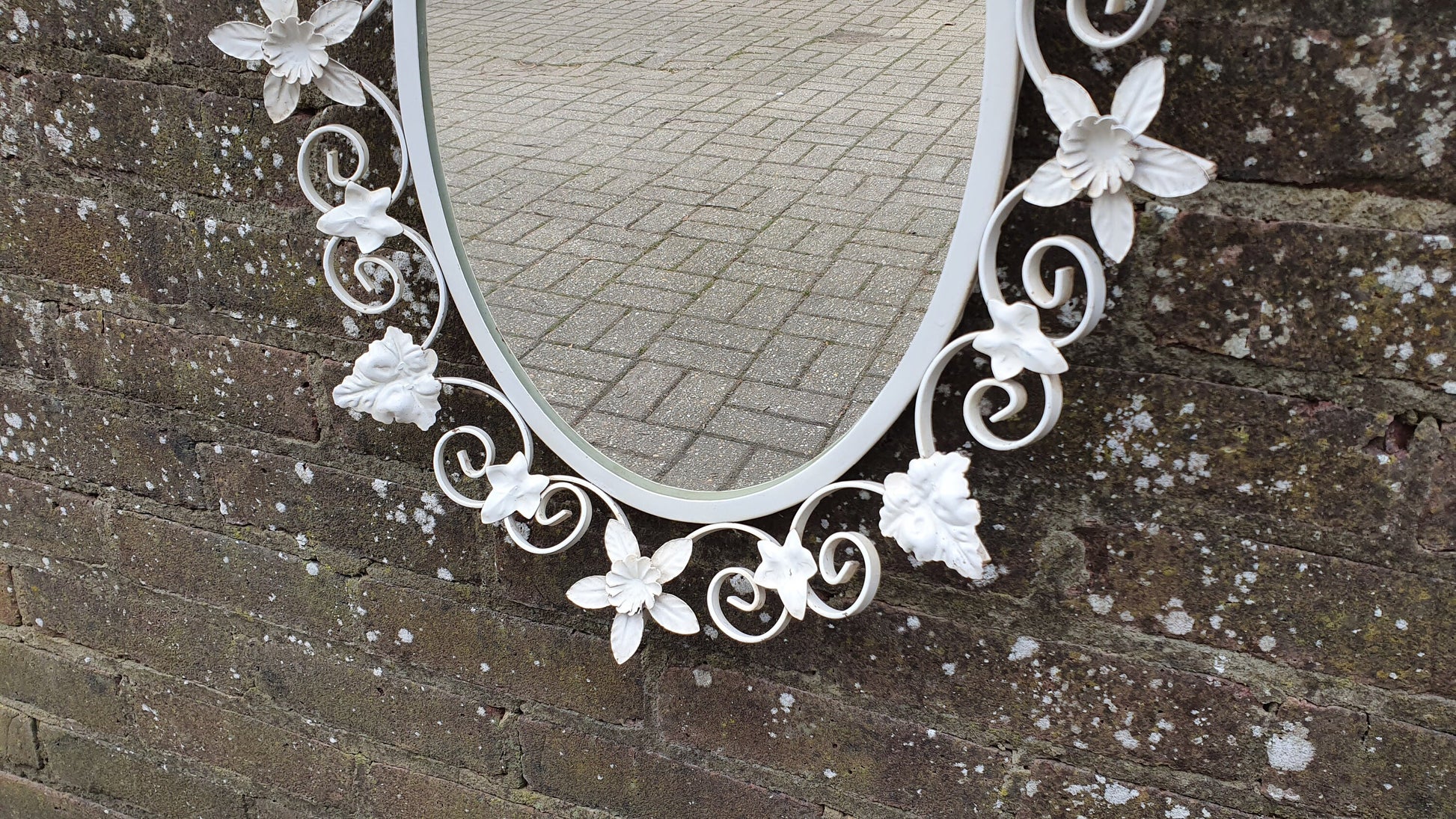 Vintage 60s Metal Wall Mirror Painted Flower and Leaf Decoration
