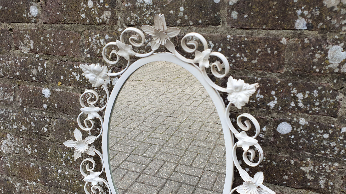 Vintage 60s Metal Wall Mirror Painted Flower and Leaf Decoration