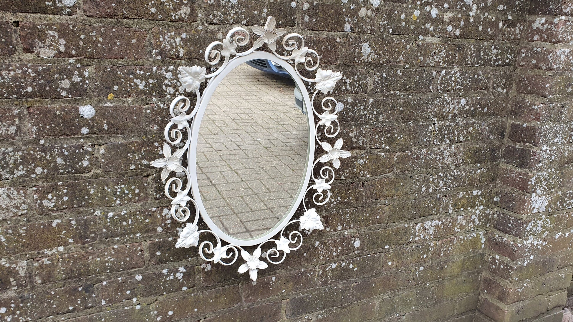 Vintage 60s Metal Wall Mirror Painted Flower and Leaf Decoration