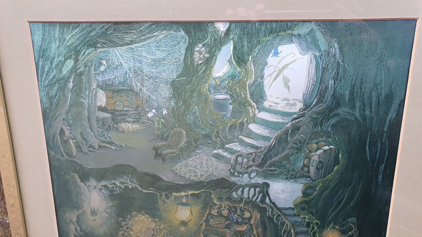 Large Fantasy Print A World Inside A Hollow Tree Silver Tinted Reflective Beatrix Potter Style