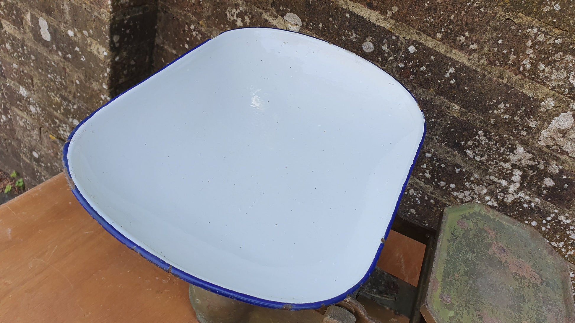 Large Vintage Late Victorian Iron Scales and Enamel Pan Theatre Film Prop Kitchenalia