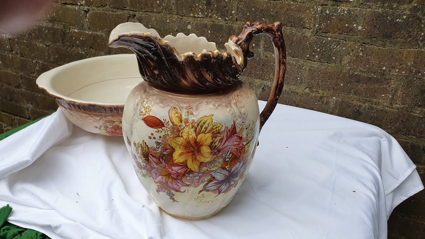 Vintage Floral Large Wash Basin Set Jug Bowl Ewer Pink Flower Vase. Late Victorian.