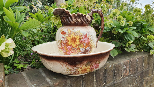 Vintage Floral Large Wash Basin Set Jug Bowl Ewer Pink Flower Vase. Late Victorian.