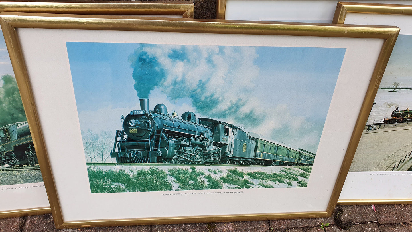 Set of 8 Jack Hill Large Steam Engine Train Railway Prints International, including S and E Africa French Canada Australia UK Belgium