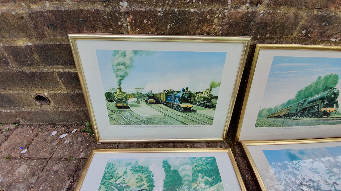 Set of 8 Jack Hill Large Steam Engine Train Railway Prints International, including S and E Africa French Canada Australia UK Belgium