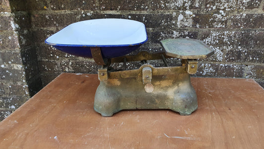 Large Vintage Late Victorian Iron Scales and Enamel Pan Theatre Film Prop Kitchenalia