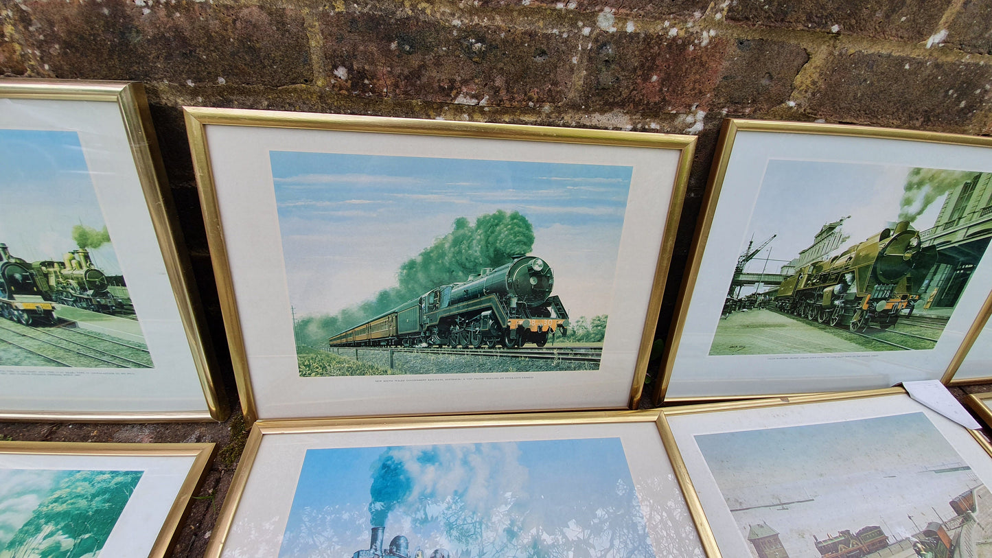 Set of 8 Jack Hill Large Steam Engine Train Railway Prints International, including S and E Africa French Canada Australia UK Belgium