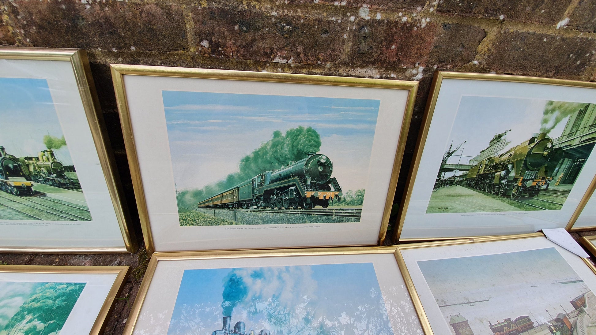 Set of 8 Jack Hill Large Steam Engine Train Railway Prints International, including S and E Africa French Canada Australia UK Belgium