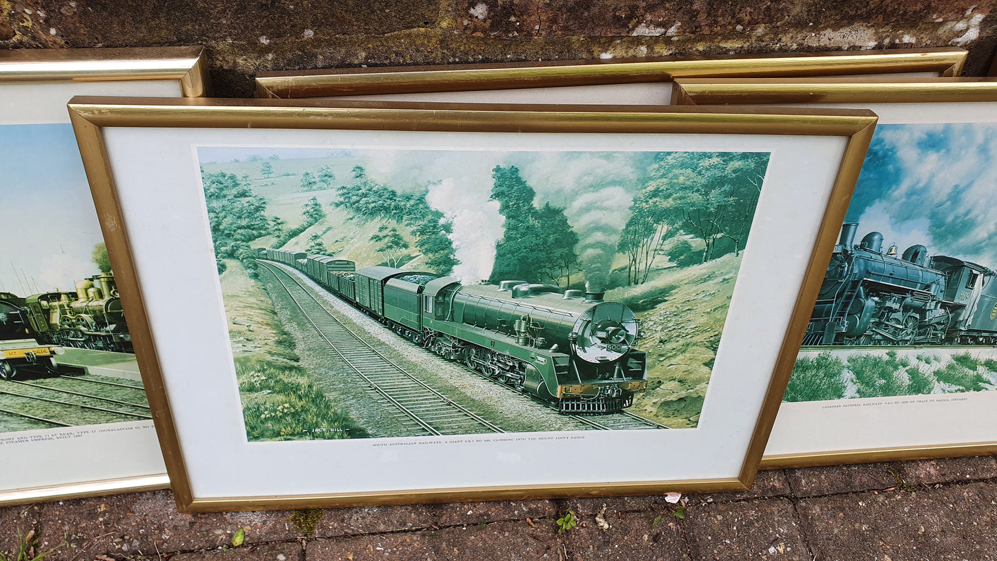 Set of 8 Jack Hill Large Steam Engine Train Railway Prints International, including S and E Africa French Canada Australia UK Belgium