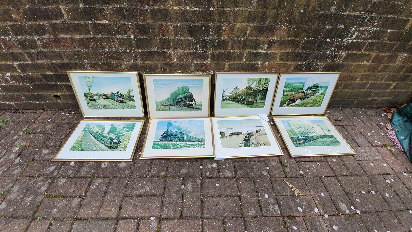 Set of 8 Jack Hill Large Steam Engine Train Railway Prints International, including S and E Africa French Canada Australia UK Belgium