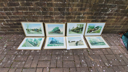 Set of 8 Jack Hill Large Steam Engine Train Railway Prints International, including S and E Africa French Canada Australia UK Belgium