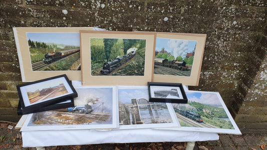 6 Large Vintage team Railway Engine Prints and 3 Smaller Framed Jack Hill Chris Holland.